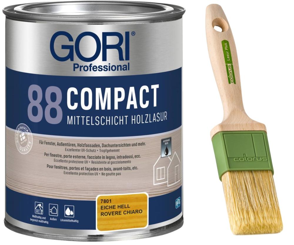 GORI 88 Compact-Lasur – Mittelschichtige Holzlasur (0,75 Liter) - Eiche-Hell + Profi Pinsel